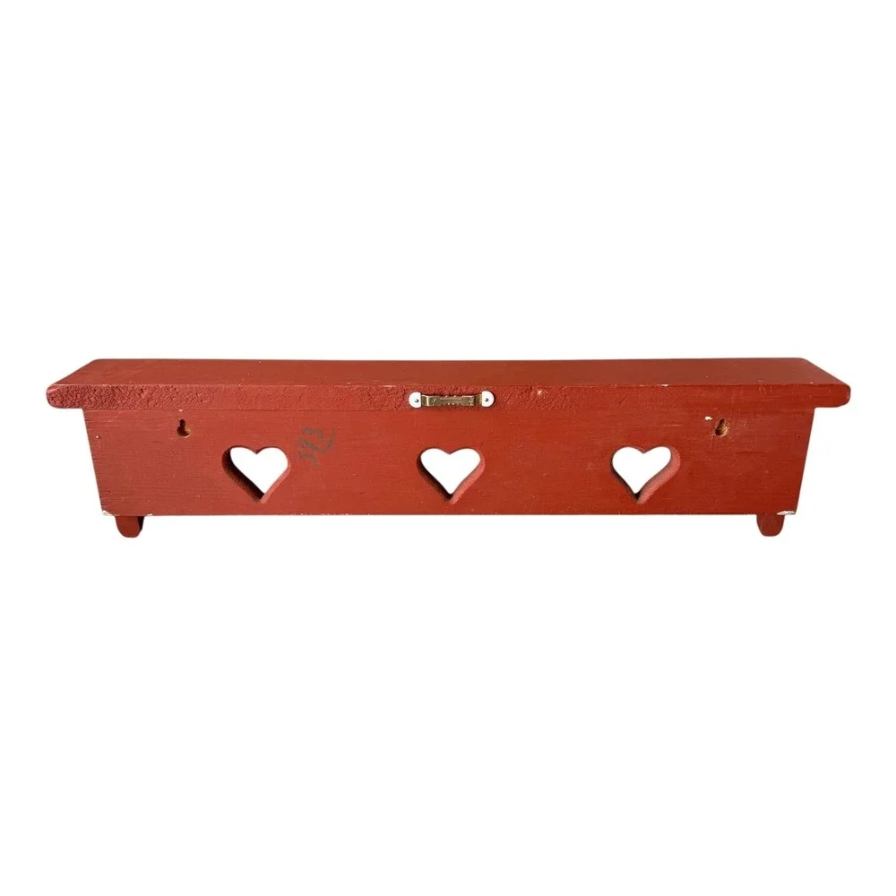 Vtg Red Wooden Heart Cutout Wall Shelf Peg Cottagecore Farmhouse Entryway Rustic
